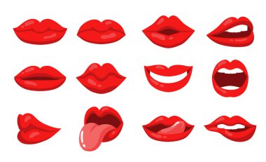 Dişi dudakları ve ağzı olan duygusal ifade. Seksi kırmızı dudaklar, öpüşen, dil gösteren, gülümseyen, alt dudak ısıran bir kadın. Vektör illüstrasyon seksi kız, cazibe, ruj konsepti