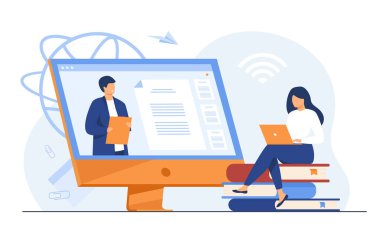 İnternette düz vektör illüstrasyonunu dinleyen kız öğrenci. Antrenmandaki, video konferansındaki ya da konferanstaki çizgi film insanları. Bilgisayar eğitimi ve eğitim kavramı