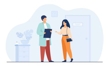 Doktor muayenehanesindeki kadın hasta düz vektör çizimi. Karikatür doktoru teşhis ve tıbbi tedaviye yardım ediyor. Sağlık ve hastane tedavi kavramı