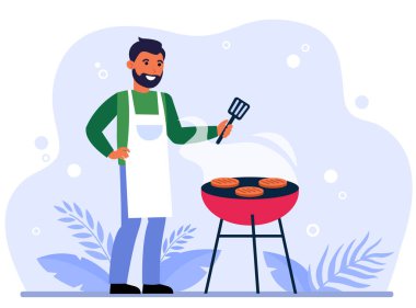 Mutlu adam bbq eti pişiriyor, spatula tutuyor, ızgara sıcak biftek yapıyor. Piknik için düz vektör çizimi, hafta sonu, yemek pişirme, açık hava aktivitesi, yaz barbekü konsepti.
