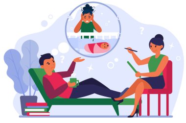 Adam, karısının doğum sonrası depresyonu hakkında psikoterapistle konuşuyor. Psikiyatri ofisinde düz vektör çizimi yapan adam. Pankart, web sitesi tasarımı veya iniş web sayfası için post natal depresyon kavramı