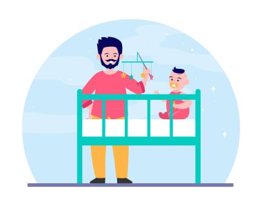 Yeni baba beşikte bebekle oynuyor. Çıngıraklı oyuncak, uyuyan düz vektör çizimi için yatıştırıcı çocuk. Çocuk bakımı, çocuk bakımı, afiş, web sitesi tasarımı veya iniş sayfası için ebeveynlik kavramı
