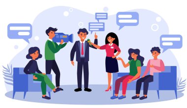 Haber muhabirleri iş adamı ya da politikacıyla röportaj yapıyor. Talk show, gazeteci, kameraman düz vektör çizimi. TV programı, pankart için gazetecilik kavramı, web sitesi tasarımı veya iniş web sayfası