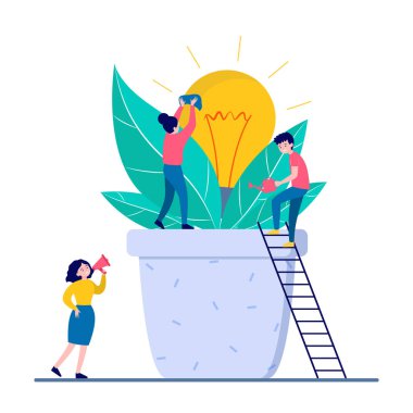 Yeni fikirler geliştiren insanlar düz vektör illüstrasyonunu izole ettiler. Büyük ampullü çizgi film karakterleri. Takım çalışması, yaratıcılık ve iş büyüme kavramı