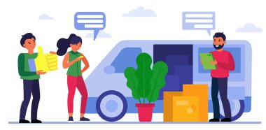 Nakliye kamyonunda kutuları olan insanlar. Minibüs, çift, taşınma evi, kargo düz vektör çizimi. Teslimat, bayrak, web sitesi tasarımı veya iniş web sayfası için lojistik servis kavramı