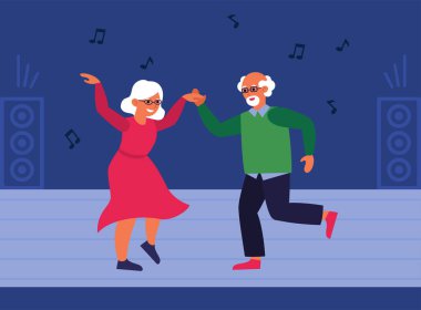 Dans pistinde son sınıf çifti. Retro parti, aktivite, boş zaman işareti düz vektör çizimi. Emeklilik, ilişki, pankart, web sitesi tasarımı veya iniş web sayfası için yaşam tarzı kavramı