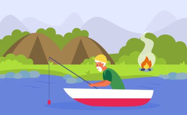 Kamp yaparken nehirde balık tutan yaşlı adam. Emekli adam hafta sonu düz vektör illüstrasyonunda kırsalda dinleniyor. Pankart, web sitesi tasarımı veya iniş sayfası için tatil ve hobi kavramı