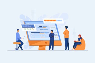 Yazılım geliştiricileri bilgisayarda betikle kodluyorlar. Kodlama, mühendislik, arayüz tasarımı düz vektör çizimi. Pankart, web sitesi tasarımı veya iniş web sayfası için programlama kavramı