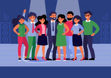 Başarılı iş ekibi sahnede duruyor. Gece kulübü düz vektör çiziminde gülümseyen mutlu erkek ve bayan meslektaşlar. Pankart, web sitesi tasarımı veya iniş web sayfası için iş takımı konsepti