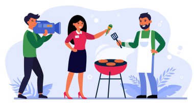 TV ekibi barbekü restoranı hakkında çekim yapıyor. Muhabir, et yassı vektör çizimi yapan bir adamla röportaj yapıyor. Pankart, web sitesi tasarımı veya iniş web sayfası için barbekü partisi konsepti