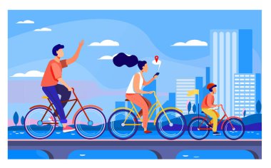 Park Düz Çizim 'de bisiklete binen mutlu bir aile. Arka planda şehir olan deniz kenarında bisiklet sürmek. Yaz etkinliği ve sağlıklı yaşam tarzı konsepti.