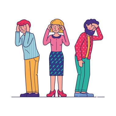 Stresli erkek ve kadın baş ağrısı çekiyor. Kafasını tutup sağlık sorunları yaşayan üzgün insanlar. Depresyon, stres, migren, sorun konsepti için vektör illüstrasyonu