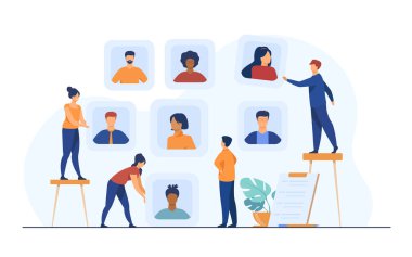 İş görüşmesi için adayları seçen işverenler. İnsan Kaynakları uzmanları başvuru ya da çalışan profillerini inceliyor. Acemi ajansı için vektör illüstrasyon, kariyer, iş, istihdam kavramı