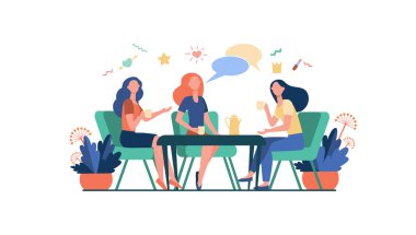 Kafede takılan bayan arkadaşlar. Masada oturan, çay ya da kahve içen, konuşma balonuyla konuşan kadınlar. Sohbet, iletişim, öğle yemeği, arkadaşlık kavramı için vektör illüstrasyonu