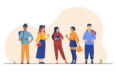 Bir grup üniversite ya da üniversite öğrencisi takılıyor. Mutlu genç kızlar ve erkekler birlikte duruyorlar, ellerinde kitaplar, sırt çantaları var. Öğrenim için vektör illüstrasyonu, okul arkadaşları, moda, gençlik kavramı