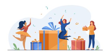 Bir grup genç sürpriz bir partide doğum gününü kutluyor. Arkadaşlar hediye kutularını doğum günü kızına veriyor. Kutlama için vektör illüstrasyonu, festival etkinliği, hediyeler, eğlence konsepti