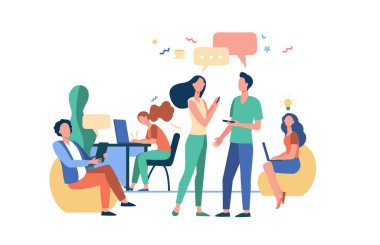 Hippiler birlikte çalışırken bilgisayar kullanırlar ve konuşurlar. Yaratıcı ekip buluşması ve açık alanda çalışma. İş yeri, takım çalışması, iş konsepti için vektör illüstrasyonu