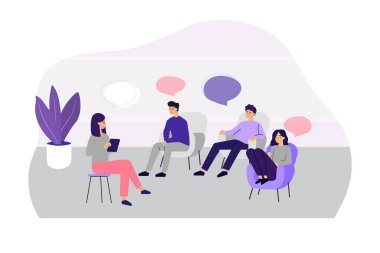 Doktor grup terapisindeki insanlara düz vektör çiziminde danışmanlık yapıyor. Psikolog seansında erkekler ve kadınlar sorunlar hakkında konuşuyorlar. Tıbbi destek, bağımlılık ve psikoterapi kavramı