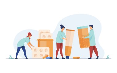 Eczacılar ilaç şişeleri, ilaç şişeleri, merhem tüpleriyle çalışıyorlar. Eczanede çalışan tıbbi çalışanlar. İlaç, eczane, ilaç, eczane konsepti için vektör illüstrasyonu