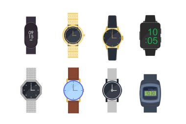 Bilek saatleri ayarlandı. Dijital saatler, bilezikler, kadın ve erkekler için kol saatleri. Zaman yönetimi, moda, aksesuar, tarz kavramı için vektör illüstrasyonu