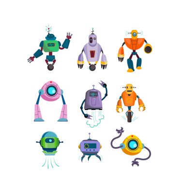 Şirin gelecekçi robotlar düz simge seti. Çizgi film cyborg ve koruyucu karakterler vektör illüstrasyon koleksiyonunu izole ettiler. Oyunlar ve modern robotik teknoloji kavramı