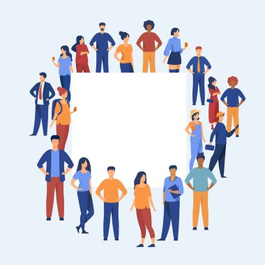 Bir sürü insan boş pankartın etrafında yan yana duruyor. Boş poster, afiş, kopyalama alanı. Çok kültürlü toplum, nüfus, toplum konsepti için vektör illüstrasyonu