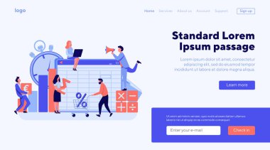 Muhasebe uygulaması vektör çizimi. Finansal raporlar üzerinde çalışan profesyoneller, veri tablosunu analiz ediyorlar. Muhasebeci takımı muhasebe yazılımı kullanıyor