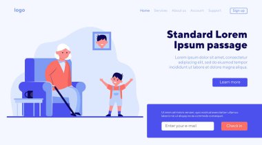Büyükannem koltukta oturuyor ve küçük torunum gülümsüyor. Çocuk, çocuk, neslin düz vektör çizimi. Pankart, web sitesi tasarımı veya iniş sayfası için aile ve ebeveynlik kavramı