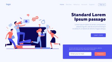 Mesafeli kızgın patron son teslim tarihini kaçırdıkları için çalışanlarına bağırıyor. Ofis çalışanları kaos, panik ve acele içinde koşuyor. Aşırı çalışma, proje başarısızlığı, iş konularındaki stres için vektör illüstrasyonu