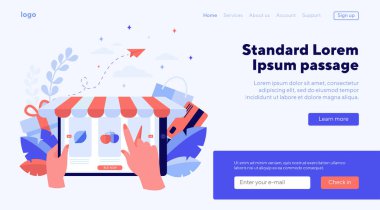 İnternetten sebze seçiyorum. Meyve, sebze, piyasa düz vektör çizimi. Sancak, web sitesi tasarımı veya iniş web sayfası için e-ticaret ve dijital teknoloji kavramı