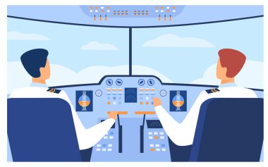 Havacılık ve uçuş konsepti. Uçak pilotları ve yardımcı pilot kamaradan uçakla geliyor. Uçak mürettebatı kontrol panelinde. Seyahat, ulaşım ve havayolu konuları için vektör illüstrasyonu