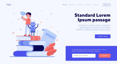 Mutlu çocuk robotlar için altın kupa kazanıyor. Mühendislik, çalışma, düz çizim kitabı. Sancak, web sitesi tasarımı veya iniş web sayfası için teknoloji ve yarışma konsepti