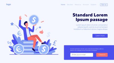 Mutlu iş adamı düz vektör çizimi yaparak para kazanıyor. Elinde büyük para tutan bir bankacı ya da karikatür milyoneri. Mali büyüme ve piyasa konsepti