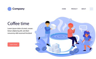 Mutlu kahve severler. Neşeli erkek ve kadınlar, düz fasulye çizimleri arasında şekerli sade kahve içiyorlar. Kafe, sabah, pankart, web sitesi tasarımı veya iniş web sayfası için mola konsepti