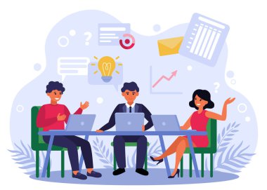 İş adamlarının beyin fırtınası yapması ve başlangıç projesini tartışması düz vektör illüstrasyonunu izole etti. Çizgi filmdeki iş adamları masada oturup dizüstü bilgisayarlarla çalışıyorlar. Şirket iş akışı ve takım çalışması kavramı