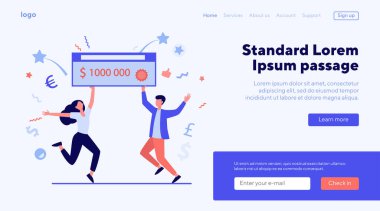 Mutlu adam ve kız para ödülü kazanıyor. Büyük ikramiye kazananlar bir milyon dolarlık banka çeki tutuyorlar. Servet, şans, piyango konuları için kullanılabilir.