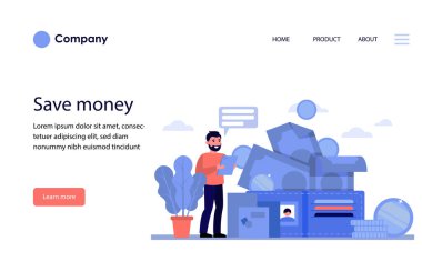 Mutlu adam parasını sayıyor. Cüzdan, bütçe, yatırım geliri, kâr, maaş düz vektör çizimi. Sancak, web sitesi tasarımı veya iniş web sayfası için finans, finansal başarı kavramı