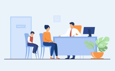 Çocuk davranış sorunları konsepti. Anne ve oğlu okul müdürünü ziyaret ediyor. Annesi müdürle konuşurken öğrenci kendini suçlu hissediyor. Aile sorunları veya eğitim konuları için resim