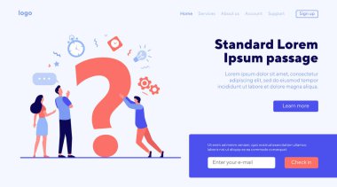 Çözüm arayan ve yardım isteyen insanlar. Erkekler ve kadınlar büyük soru işaretlerini tartışıyor. İletişim, yardım, danışmanlık konsepti için vektör illüstrasyonu