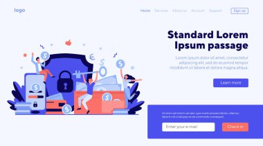 Paraları koruyan mutlu insanlar sabit vektör çizimlerini izole ettiler. Erkekler ve kadınlar, rozet ya da bozuk paraların anahtarını elinde tutuyorlar ve banka mevduatını koruyorlar. Mali güvenlik ve iş sigortası kavramı