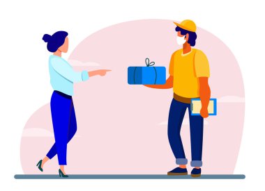 Müşteriye kurye teslimatı. Genç bir kadın düz vektör çizimi alıyor. El teslimatı, nakliye hizmeti, İnternet sipariş konsepti afiş, web sitesi tasarımı veya iniş sayfası