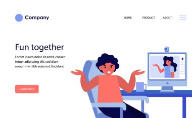 İnternetteki görüntülü konuşma sırasında tartışan çift. İnsanları üzmek, aramak, omuz silkmek, çakışan düz vektör çizimi. Çakışma, ilişki, pankart, web sitesi tasarımı veya iniş web sayfası için iletişim kavramı