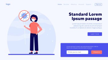 Koronavirüsü protesto eden kişi. Düz vektör illüstrasyonlu yüz maskesi takan bir adam. Pankart için salgın, yayılma, virüs konsepti, web sitesi tasarımı veya iniş web sayfası