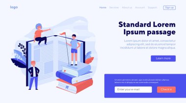 Kitaplar arasında mutlu spor okuyucuları. Öğrenci kitap yığınının üzerinde duruyor, bilgi topluyor, düz vektör çizimi çalışıyor. Kütüphane, sancak, web sitesi tasarımı veya iniş web sayfası için eğitim kavramı