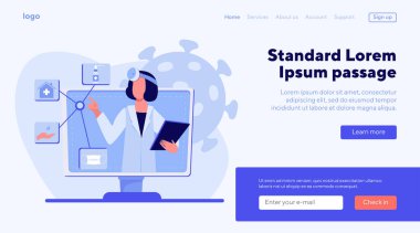 Doktor karantina için tavsiye veriyor. Coronavirus, salgın hastalık, düz vektör illüstrasyonu. Pankart, web sitesi tasarımı veya iniş sayfası için tıp ve sağlık konsepti