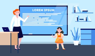 Sınıf tahtasına rapor veren tatlı bir kız öğrenci. İlkokul öğrencisi, öğretmen düz vektör çizimi. İlkokul, sancak, web sitesi tasarımı veya iniş web sayfası için eğitim kavramı
