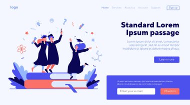 Mutlu öğrenciler akademik diploma düz vektör çizimi ile mezun oluyorlar. Çizgi film kızları ve üniversiteden ya da üniversiteden mezuniyeti kutlayan adam. Eğitim ve öğrenme kavramı