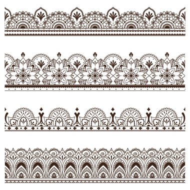 Hint etnik sınırları belirlendi. Süslü ayırıcılar, kına geleneksel süs çiçekli nakış desenleri. Sanat, grafik dekorasyonu, Hindistan konsepti için vektör illüstrasyonları