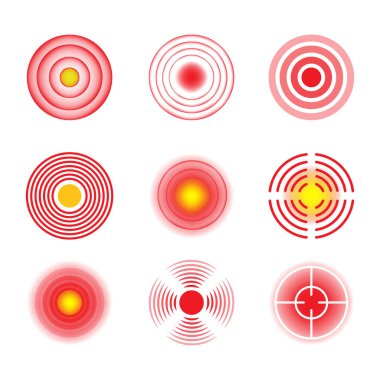 Acılı noktalar belirlendi. İltihaplanma odağı, kırmızı acı çemberi, hedef, yara izi. Ağrılı diş, boğaz, eklem, boyun çizimi, medikal terapi konsepti için kullanılabilir.