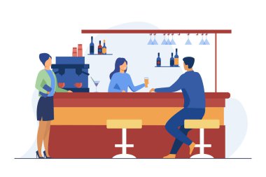 Barmen, erkek müşteriye bir bardak bira veriyor. İçki, yönetici, bar tezgahı düz vektör çizimi. Alkol içecekleri ve pankart, web sitesi tasarımı veya iniş web sayfası için hizmet kavramı